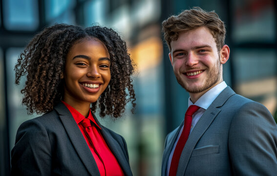 Two young, smiling businesspeople in front of a building: a Black woman with curly hair and a red tie, and a White man in a gray suit.