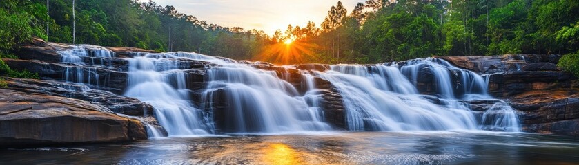 Obraz premium Waterfall at Sunset in Tropical Forest. Scenic view. Possible use Nature photography, travel brochure