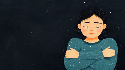 A young woman looks sad and introspective, wrapped in a cozy sweater, against a dark, starry background, evoking emotions of solitude and contemplation.