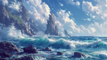 Fototapeta premium Rocky coastline with waves crashing against jagged rocks, the sky filled with clouds and the scent of salt in the air. 