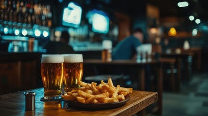 Fototapeta premium Fish and Chips with Beer at a Cozy Pub