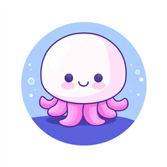 Obraz premium A cute and playful cartoon jellyfish with a smiling face and pink tentacles, set against a bright blue background. Perfect for children's illustrations or aquatic-themed projects.