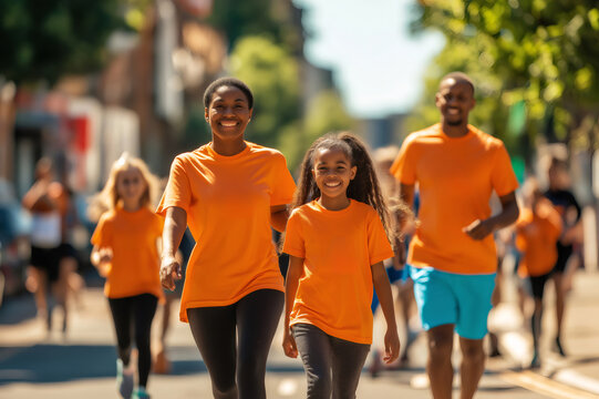 Happy family walking together in a charity marathon, wearing matching orange t shirts, promoting health and community support