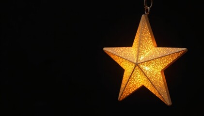 Obraz premium Golden star shaped pendant lamp, black background, dramatic, decor, shining