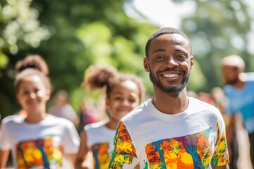 Happy family participating in a charity walk wearing matching t shirts, promoting togetherness and community support
