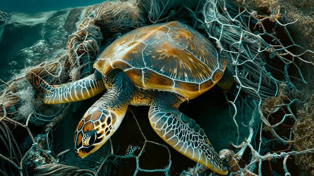A dead turtle entangled in fishing nets floating in the ocean, showcasing the tragic impact of marine pollution on wildlife during the early morning light