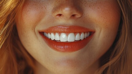 Obraz premium Smiling Woman Close-up Portrait with Glossy Lips and Bright White Teeth