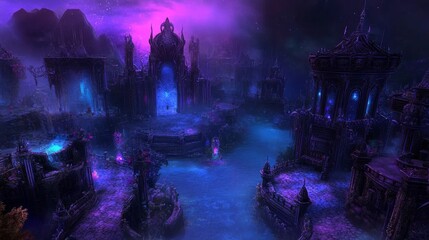 Eerie Dark Palace with Glowing Light Amidst Purple Skies and Water Bodies Mysterious Realm.