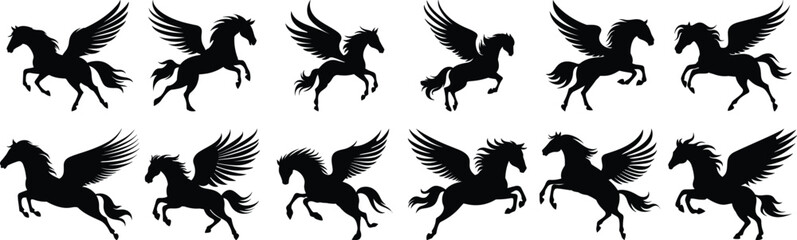Pegasus silhouettes set, horse pack of vector silhouette design, isolated background