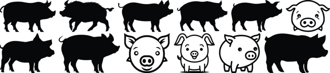 Pig silhouettes set, animal pack of vector silhouette design, isolated background