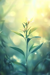 Single plant backlit by sunlight in soft-focus bokeh.