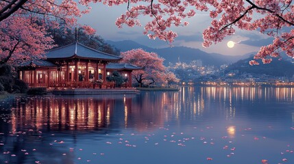 Fototapeta premium Serene moonlit cherry blossom pavilion lake reflection