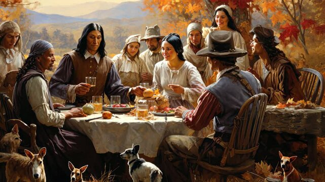 A reimagined version of the first Thanksgiving featuring diverse attendees sharing a festive meal outdoors surrounded by autumn foliage and wildlife in the early 1620s America