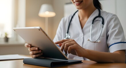 A healthcare worker in a white medical uniform using a tablet to manage patient information or access health records