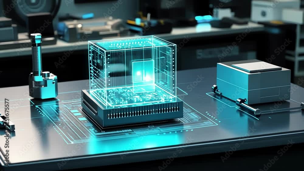 Poster futuristic transparent holographic cube displaying intricate circuitry above a processing unit in a 
