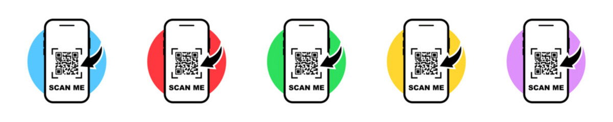 Set of scan QR code on smartphone vector icons. Scan me colored icons. Reader barcode.
