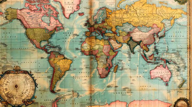 Exploring the intricate details of an antique world map on Mercator's projection showcasing continents, oceans, and historical names from past centuries