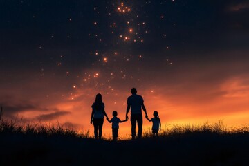 Fototapeta premium Silhouetted family holding hands, gazing at the stars in a stunning night sky, embracing love and togetherness under the vast universe