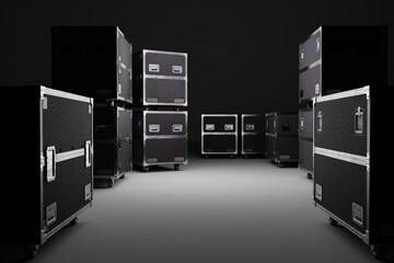 collection of black protective transport cases with reinforced metal edges is arranged in a dimly lit storage area, ensuring the secure handling of valuable equipment 3d image