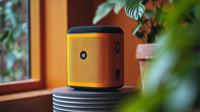 Vibrant orange speaker on a stack of plates near a window with plants