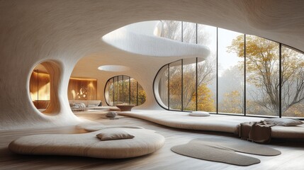 Fototapeta premium Sustainable Modern Luxury Architecture with Flowing Organic Forms and Warm Wooden Textures in a Futuristic Minimalist Design