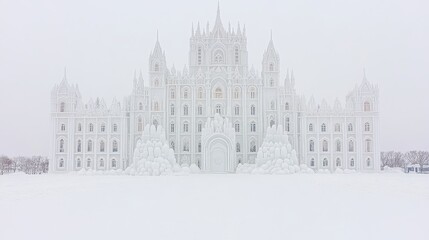 Obraz premium Elaborate Snowy Temple With White Facade On Foggy Day With Snow Covered Ground Architecture.