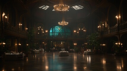 Obraz premium Elegant Ballroom Interior With Tables And Chairs Illuminated By Chandeliers And Wall Lamps.