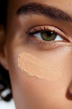 Close-up of green eye with long eyelashes and concealer streak on smooth skin showing makeup application technique for cosmetics and beauty industry use.