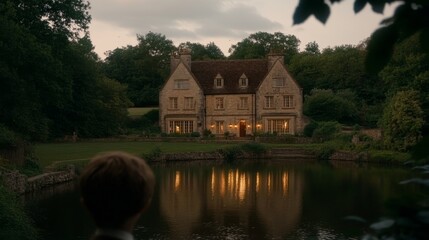 Obraz premium Elegant Estate House By Lake With Child Looking At It During Evening Setting With Surrounding Trees.