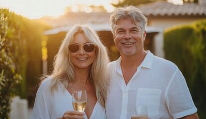 Smiling Senior Couple Enjoying Champagne Outdoors