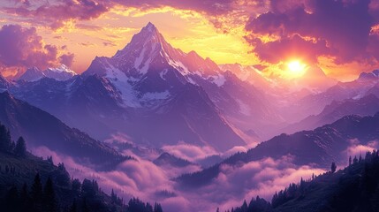 Majestic sunset over snowy mountain range, cloudscape, valley