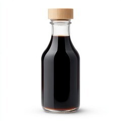 Elegant glass bottle filled with dark liquid featuring a wooden cap, perfect for culinary and beverage use