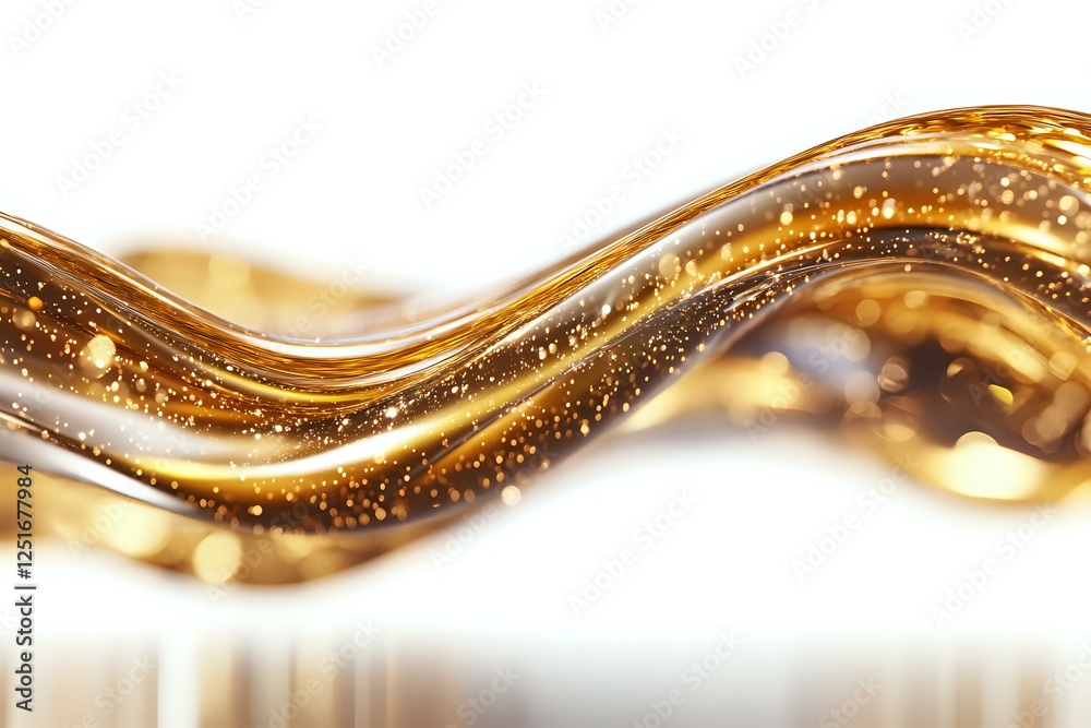 Poster luxurious golden wave with sparkling particles flowing in smooth curved motion against white backgro