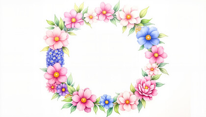 Circular watercolor floral wreath of spring blooms, seasonal beauty