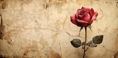 A single red rose stands against a textured tan background