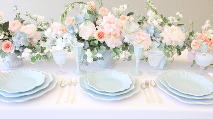 Elegant Table Setting with Floral Centerpiece for Celebration or Dinner Event Decoration.
