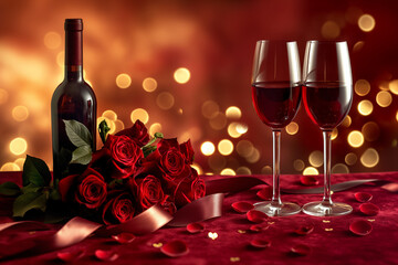 A romantic Valentine's Day celebration setup featuring a bottle of fine red wine and two elegantly filled wine glasses, placed on a luxurious deep red velvet tablecloth