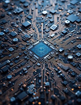 Close-Up View of an Advanced Computer Microchip and Electronic Circuits