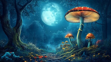 Enchanted Forest at Night: Digital Painting of Glowing Mushrooms Under a Full Moon AI Generated