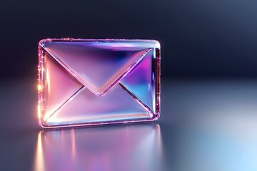 Glowing neon mail envelope icon with purple and pink gradient colors on dark background, modern digital communication concept for business and technology.