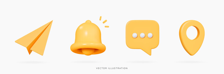 3D Social media icon set with yellow notification bell, paper airplane, speech bubble message and pin location. Office and business. Cartoon design icons isolated on white. 3D Vector illustration