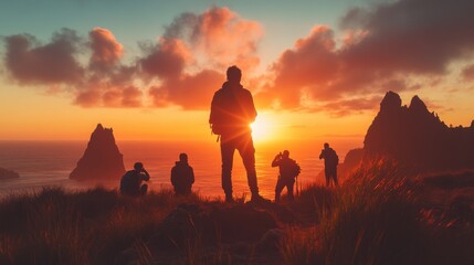 Golden sunset adventure coastal cliffs landscape capture natural environment silhouetted viewpoint exploration and connection with nature