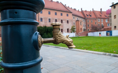 Beautiful  bronze tap. pumping system, source with mineral water. decorative water column