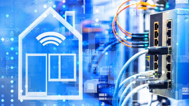 Smart home control center. Internet switch for IOT technologies. Network equipment with wires. Smart logo on cyberphone. Using IOT for housing. Implementation of smart home system.