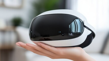 Woman's hand holding VR headset, home interior background, technology showcase