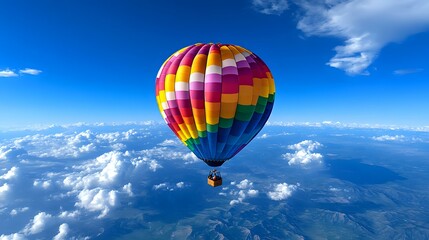 Fototapeta premium Colorful hot air balloon floating high above clouds and mountains against vibrant blue sky, aerial adventure perspective captures freedom and exploration spirit.