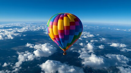 Obraz premium Vibrant rainbow-colored hot air balloon floating high above white fluffy clouds against deep blue sky, aerial perspective capturing freedom and adventure spirit.