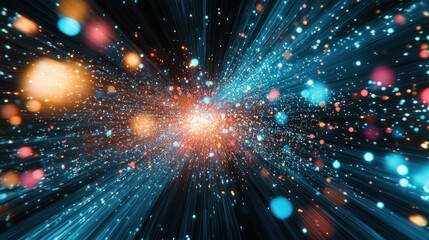 Fototapeta premium Colorful light streaks exploding from center, dark background, abstract digital art, website banner