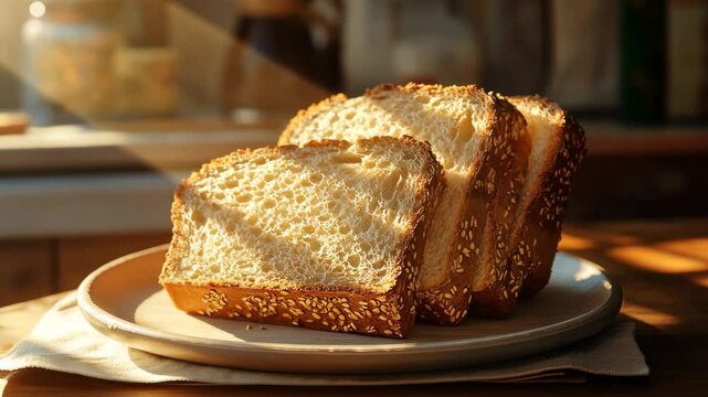 Slices of whole grain bread on a plate, against a kitchen table background, in a close-up shot. The focus is sharp, and the light source is natural and soft,