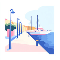 A serene harbor scene depicting colorful buildings, a calm sea, and sailboats moored along a picturesque waterfront, offering a perfect escape for travelers seeking tranquility.